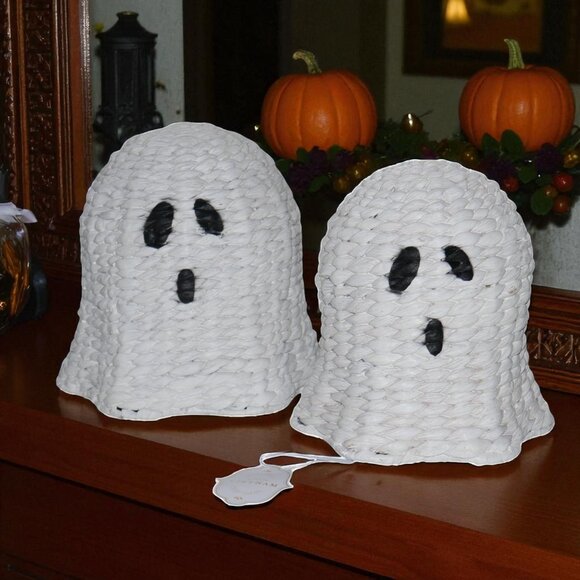 2 White Wicker Nesting Ghosts 11” & 9” Halloween BOO Ghost Set Duo NEW - Picture 1 of 10